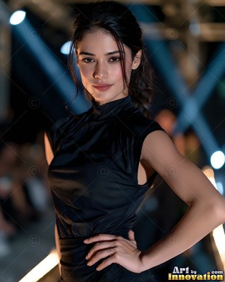Under runway spotlights, a dark-haired woman in a black dress poses with her hand on her hip