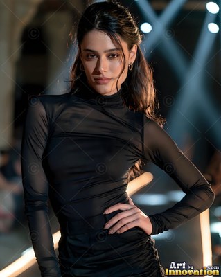 Posing with a hand on her hip, a dark-haired woman is wearing a sheer black dress