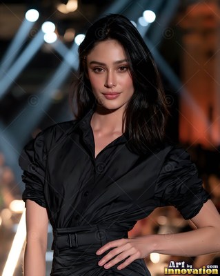 A woman with dark hair in a black collared dress on a runway