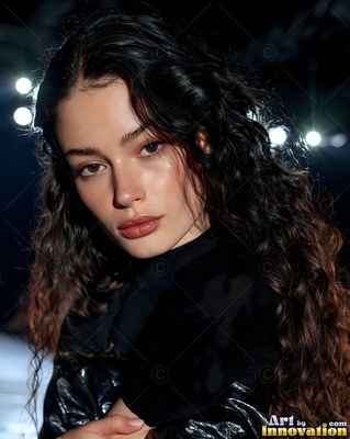 Long curly dark hair frames a woman in a black jacket under bright stage lights