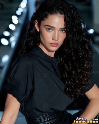Leaning forward on the runway, a woman with dark curly hair wears a black top