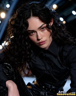 A woman with dark curly hair looks forward in a black buttoned shirt under stage lights