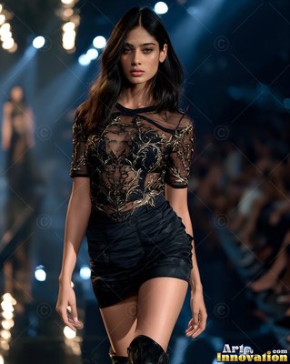 Walking the runway, a dark-haired woman wears a black mini dress with gold lace