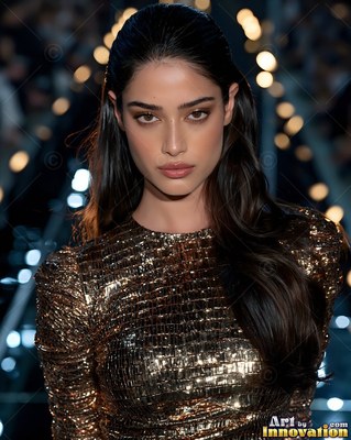A gold sequined dress on a dark-haired woman posing before blurred runway lights