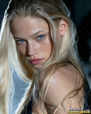 A blonde woman glances over her shoulder under cool rim light