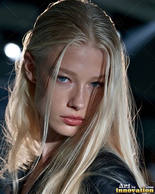 A blond woman with blue eyes looks at the camera under runway lights