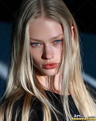In dim studio light, a blond woman with blue eyes stares ahead