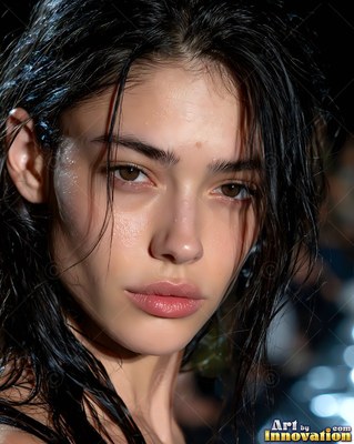 Looking straight ahead, a woman with wet black hair and brown eyes tilts her head