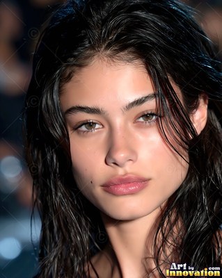 Close up of a woman with wet dark hair looking forward