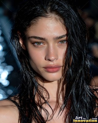 Wet black hair frames a woman's face as she looks forward in soft indoor light