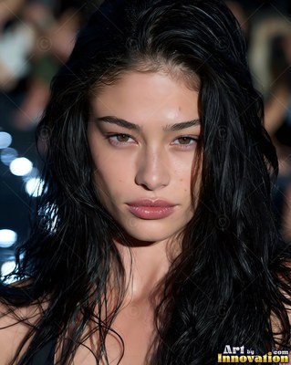 A dark-haired woman looks ahead with soft runway lighting on her face