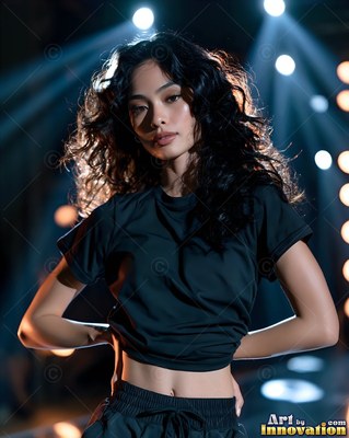 Under strong spotlights, a woman with curly hair poses in a black t-shirt