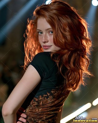 Looking back over her shoulder, a red-haired woman in a dark dress stands under stage lights
