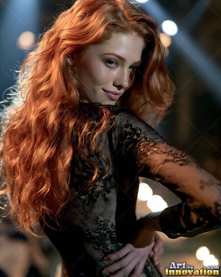 Redhead woman in a black lace dress smiling back over her shoulder