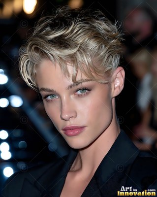 A woman looks forward with wavy blonde hair under cool runway lights