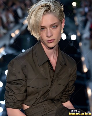 Leaning forward on a catwalk, a short-haired woman with blonde hair wears an olive shirt