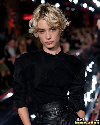 A blonde woman with short wavy hair wears an all black outfit on a runway