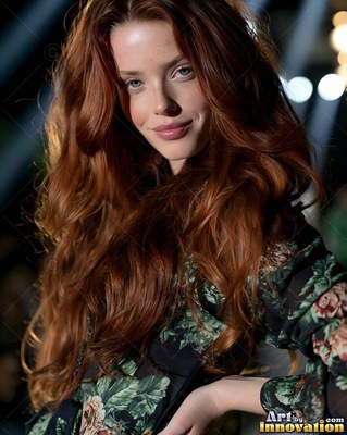 Smiling slightly, a red-haired woman poses in a dark floral dress under stage lights