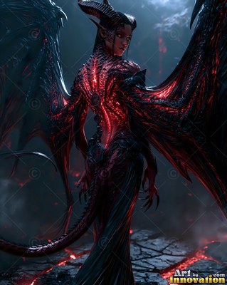 Looking back over her shoulder, a woman with a pair of horns with wings stands over cracked red rock
