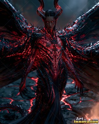 Horn ed demon woman with black wings standing on cracked red lava ground