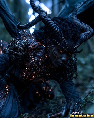 A horned winged woman crawls through the woods under cold blue light with orange sparks