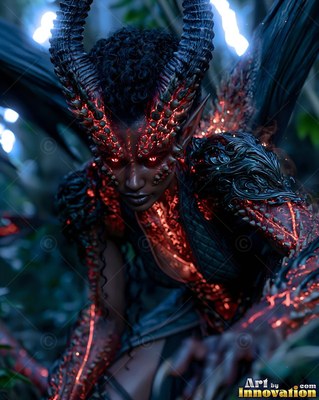 Crouched forward in a dark forest, a demon woman with red skin cracks