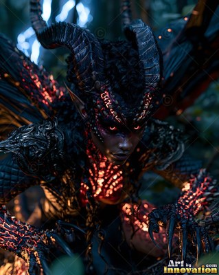 A woman with horns and wings crouches in dark woods with red light on her skin