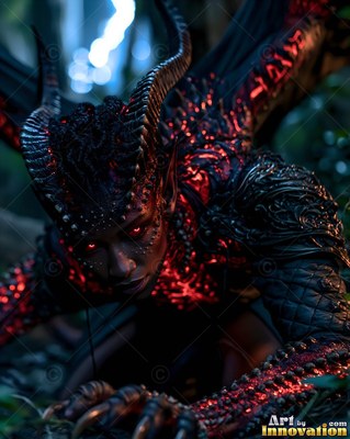 In a dark forest, a horned demon woman crawls forward with fiery red skin cracks