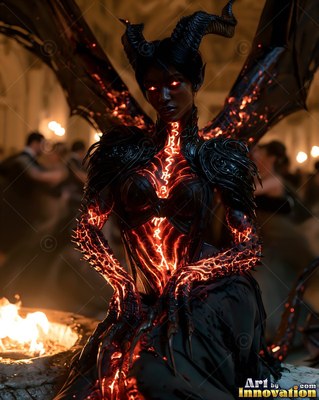 Sitting by a stone fire, a horned demon woman rests with red-lit wings and cracked skin