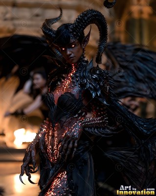 Demon woman with horns with black wings and orange light under her skin