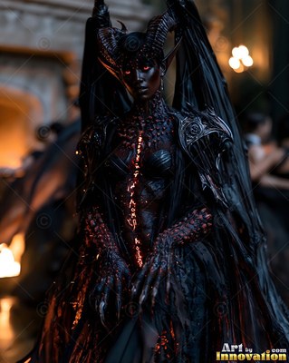 Curved horns frame a demon woman in black armor within a dark ballroom