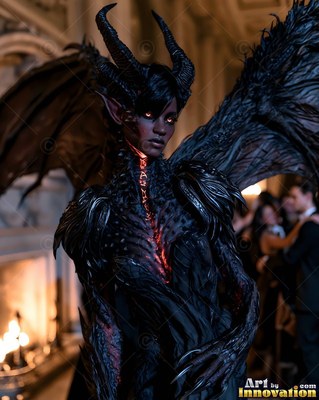 A winged horned woman stands in a ballroom, lit by orange firelight down her chest