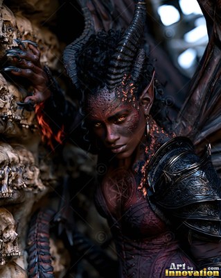 Leaning close against a skull wall, a woman bearing horns rests her clawed hand