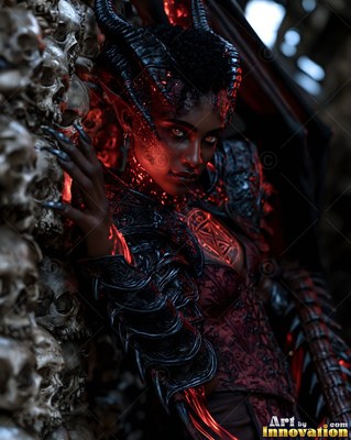 A woman with a pair of horns in black armor rests her sharp claw against a wall of skulls