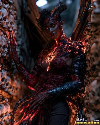 Between skull-lined walls, a horned winged demon woman stands in red light