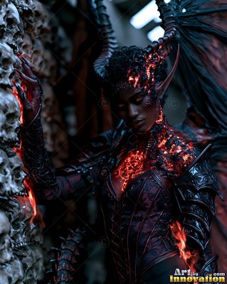 Touching a wall of human skulls, a horned demon woman wears black armor lit with red fire