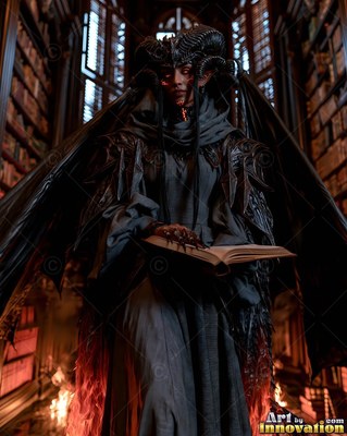 Demon woman in dark robes holding an open book in a library
