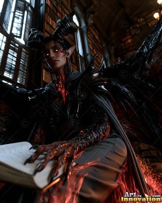 Curled black horns rise from a winged woman holding an open book inside a dark library