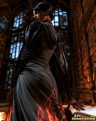 A woman bearing horns turns around in a dark library lit by fiery red sparks along her gown