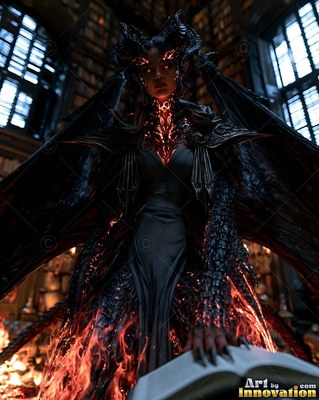 Standing tall in a dark library, a winged demon woman rests her hand on an open book