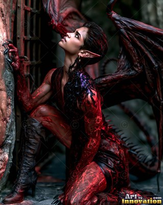 By an iron gate, a winged demon woman with pointed ears kne els and looks up