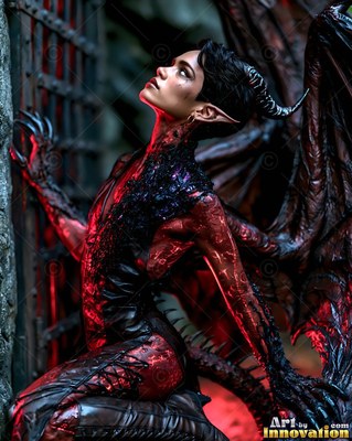 Looking up by an iron gate, a woman with horns with bat wings rests in red light