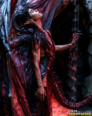 A horned demon woman looks up in dark red light