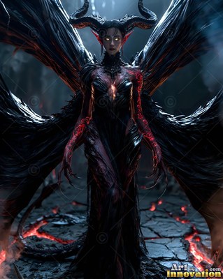 Curved black horns frame a winged woman standing on cracked stone with red lava lines