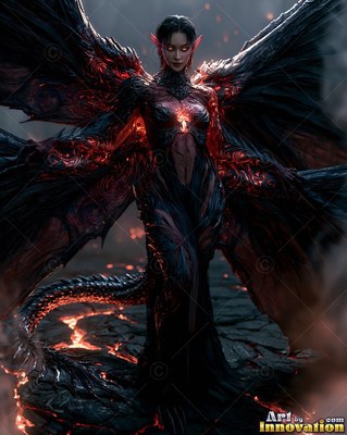 A horned woman stands with dark wings spread wide over fiery red cracked stone