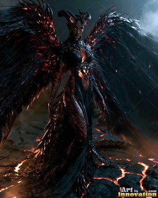 Standing full-length on cracked lava ground, a winged demon woman looks ahead