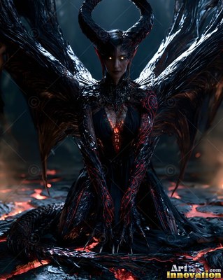 A horned demon woman with wings kneels on cracked volcanic ground with bright lava seams