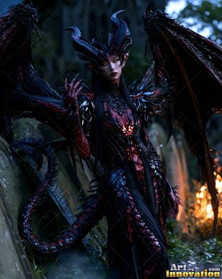 In a dim graveyard, a demon woman with horns stands with large bat wings spread wide