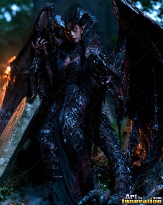 Standing in a dark graveyard, a horned demon woman spreads wide black wings in firelight