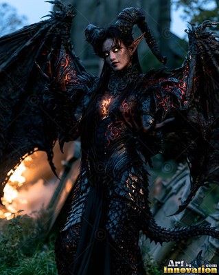 Horned demon woman in black scale armor spreads bat wings at dusk